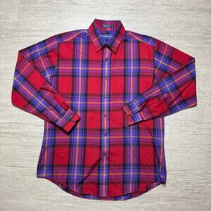 Vintage Claybrooke Wrinkle Free Plaid Button Up Mens M Bright Red 90s Shirt
